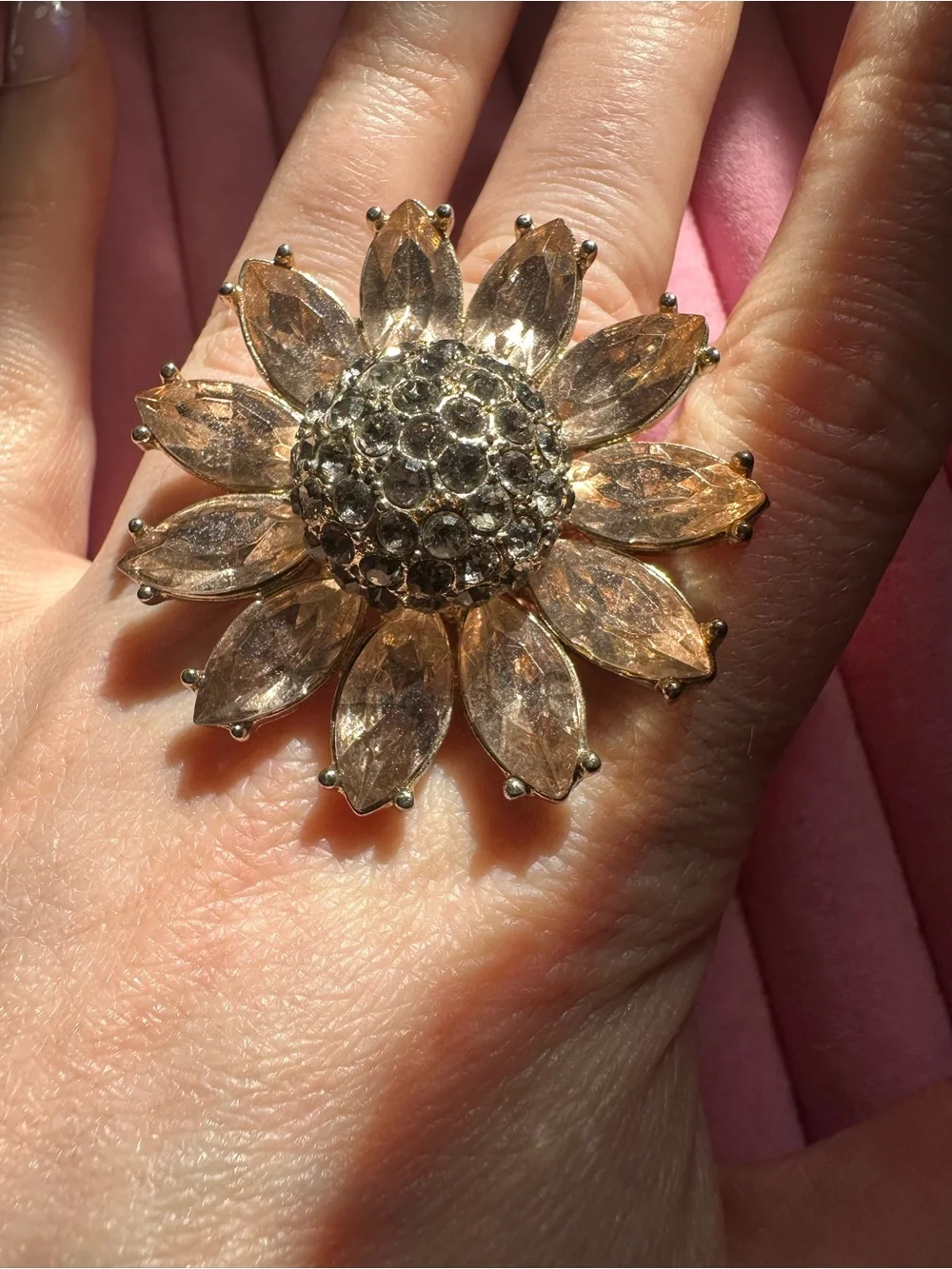 Sparkly Sunflower Rhinestone Cocktail Ring